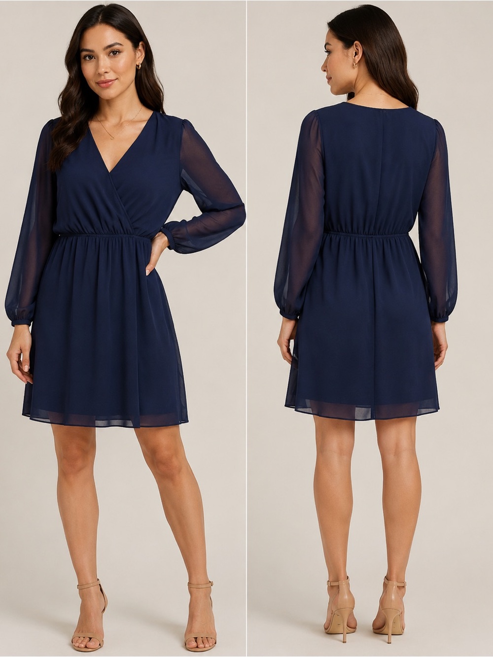 Express Navy Blue Surplice Wrap Dress Long Sleeve Chiffon Size M